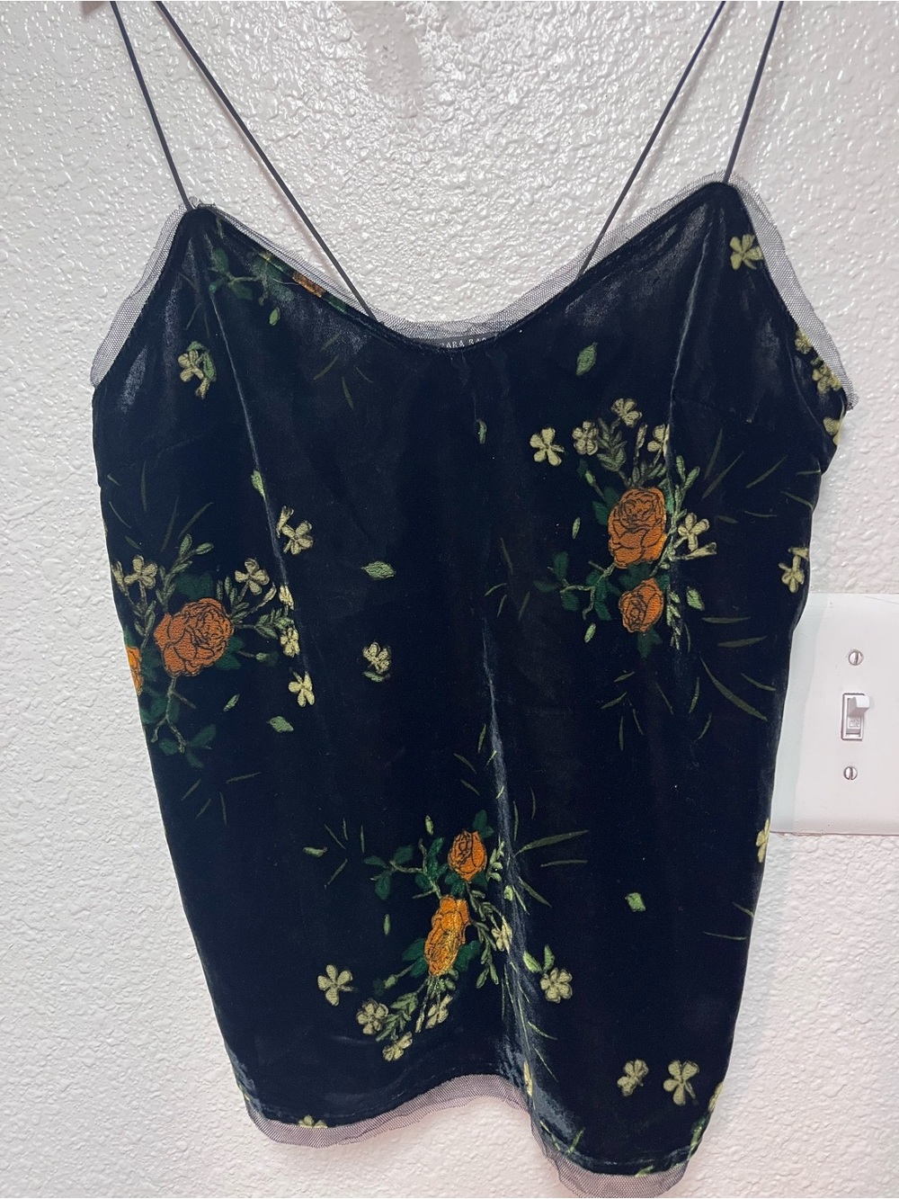 ZARA Camisole Top Sz Sm Black Velvet Embroidered Floral and Mesh Accent Boho